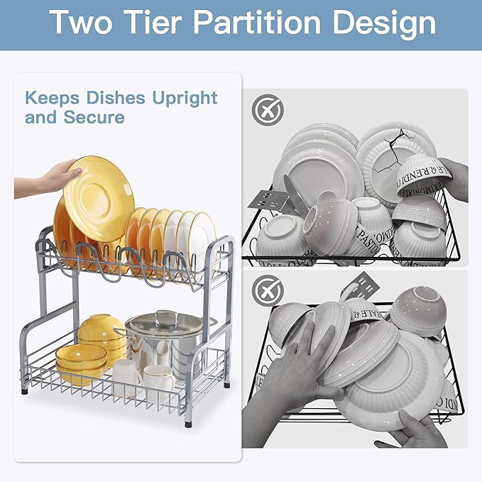 2 Tier Stainless Steel Large Capacity Dish Drainers Drying Rack for Kitchen Counter, Metal Gray Rust Proof Plate Strainers Holder On Countertop with Drainboard Tray, Space Saving, Aesthetic Modern