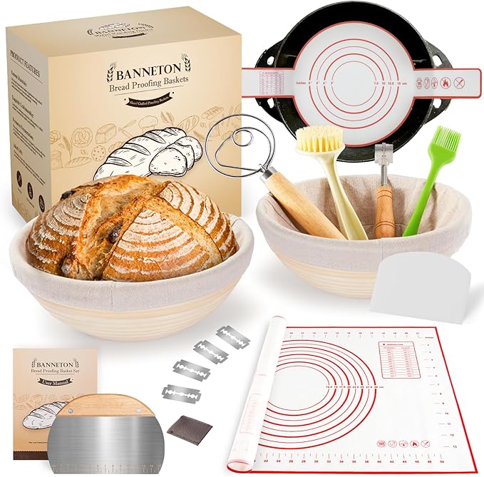 Banneton Bread Sourdough Proofing Basket - Sourdough Starter Kit Set Of 2, Sourdough Bread Baking Supplies 10" Oval Set of 2, Bread Proofing Basket with 6 Accessories