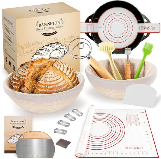 Banneton Bread Sourdough Proofing Basket - Sourdough Starter Kit Set Of 2, Sourdough Bread Baking Supplies 10" Oval Set of 2, Bread Proofing Basket with 6 Accessories