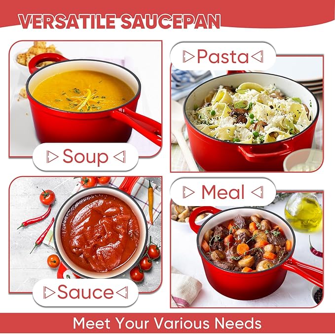 TeamFar 3QT Enameled Cast Iron Sauce Pan, Small Sauce Pot with Lid, Mini Dutch Oven Saucepan for Cooking/Simmering/Baking/Boiling, Sturdy & Nonstick, Oven Safe & Fit for Induction-Red