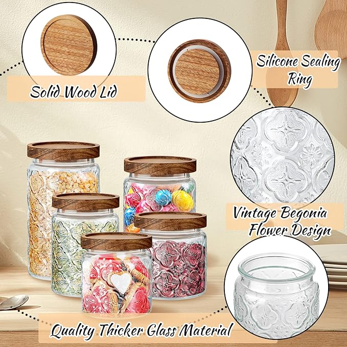 Gerrii 5 Pcs Begonia Pattern Round Vintage Glass Food Storage Containers 17/24/34 oz Glass Jar with Lid Airtight Candy Jar Food Canisters for Kitchen Counter Pantry Coffee Tea Beans
