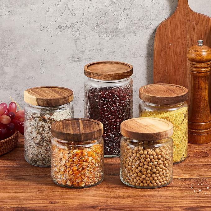 Gerrii 5 Pcs Vintage Glass Food Storage Containers 17/24/34 oz Glass Jar with Lid Airtight Candy Jar Food Canisters for Kitchen Counter Pantry Coffee Beans (Begonia, sunflower, window Grilles Round)