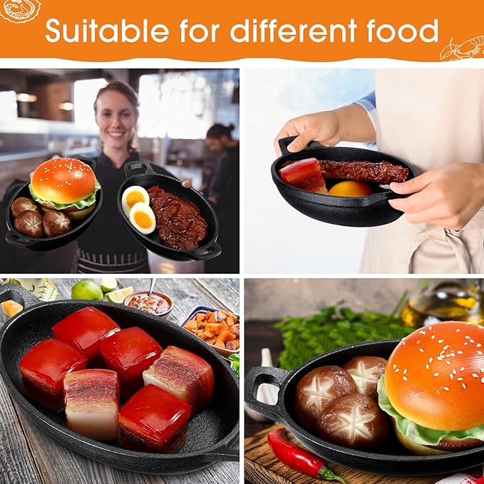 Mifoci 8 Pack Mini Cast Iron Fajita Skillet, 7.1" x 4.7" Oval Sizzling Steak Plate Pan Small Ramekin Set Black Casserole Dish for Stove Oven Grill Restaurant Kitchen Indoor Outdoor Picnic