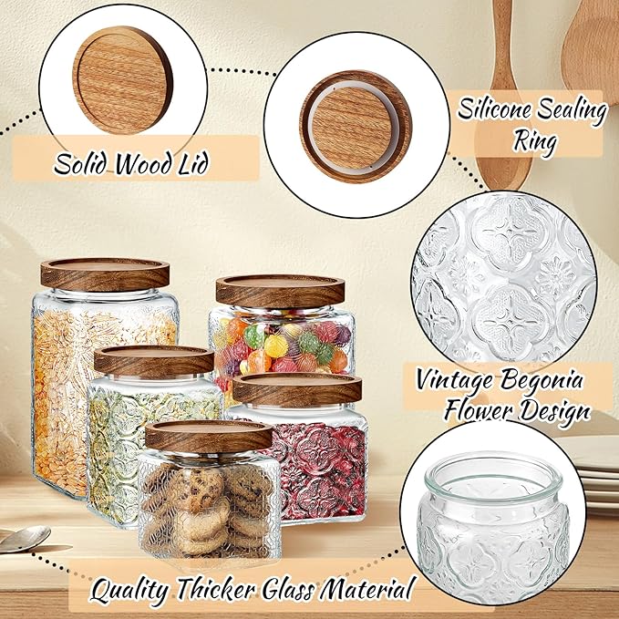 Gerrii 5 Pcs Vintage Glass Food Storage Containers 17/24/34 oz Glass Jar with Lid Airtight Candy Jar Food Canisters for Kitchen Counter Pantry Coffee Beans(Begonia, sunflower, window Grilles Square)