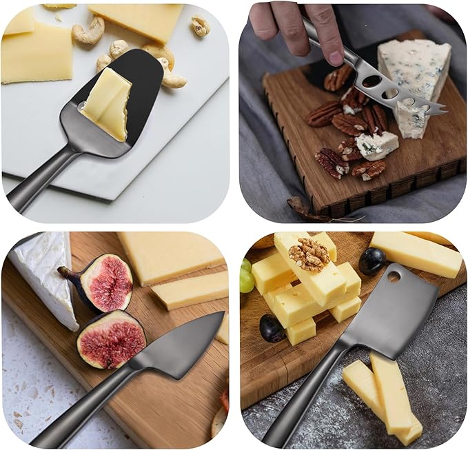 Black Cheese Knives Set with Dinning Knife Fork Spoon8 Pieces Stainless Steel Utensils Multifunctional Kitchen Gadget Baking Cooking Tool