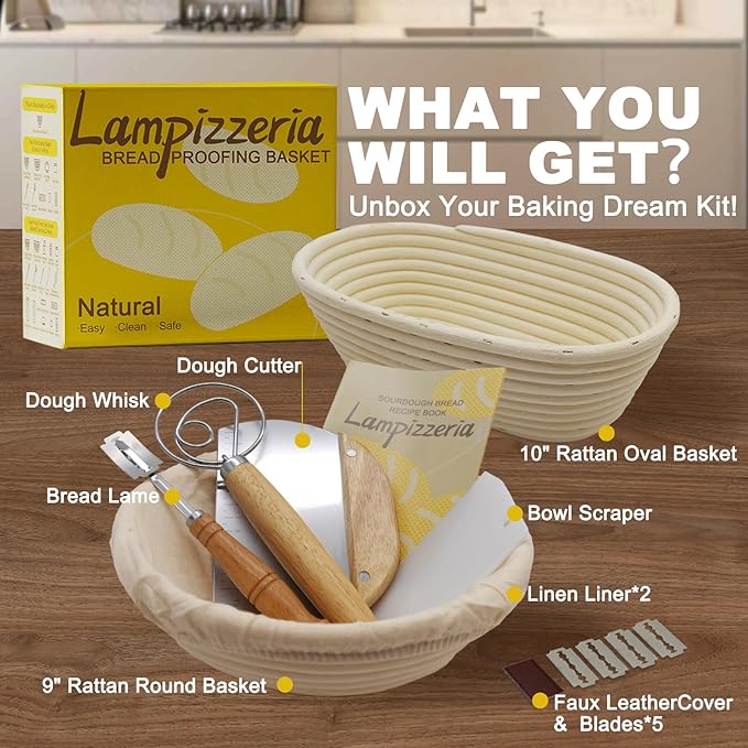 Round & Oval Rattan Banneton Basket Gift Kit with Accessories - Sourdough Bread Proofing Supplies (9" & 10", Liners, Scrapers, Lame) Natural for Home Bakers