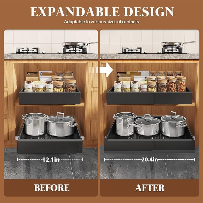 4 Pack Expandable Pull Out Cabinet Organizer 21"Deep With Raising Pad for Framed Cabinets,Upgrade 3 Slide Rails Slide Out Drawers,No Drill Roll Out Shelves,Adjustable Width 12.1"-20.4" Black