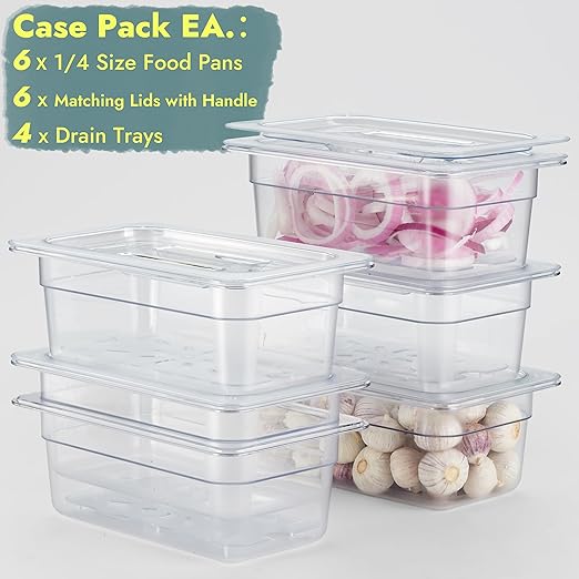 CURTA 6-Pack 1/4 Size 4" Deep NSF Polycarbonate Food Pans with Handled Lids & Drain Trays | Dishwasher & Freezer Safe Clear Container for Prep Tables, Buffet, Salad Bar, Commercial & Home Kitchen