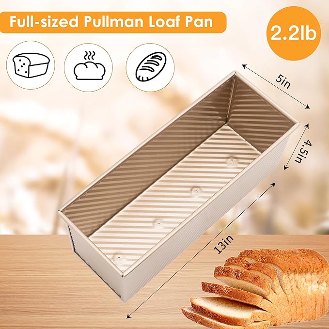 2-pack 2.2lb Gold Pullman Loaf Pan with Lid, Premium Non-Stick Coating Bread Pan, PFTE and PFOA-Free, Safe and Healthy Baking for Homemade Bread with Family-sized Recipes
