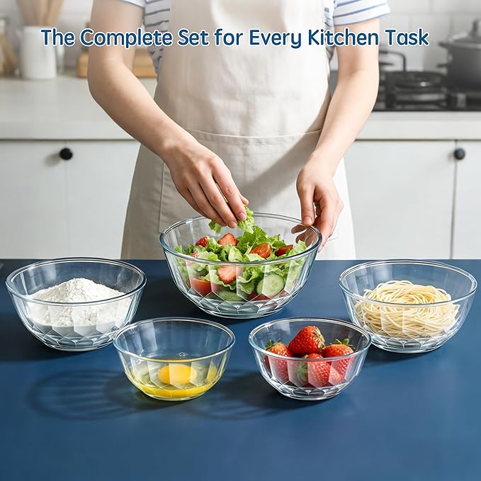 Thick Glass Mixing Bowls with Airtight Lids Set, 5-Piece Nesting Bowls for Baking & Meal Prep, BPA Free, Dishwasher Safe, 0.5/0.8/1.6/2.7/4.4 Quart - Blue