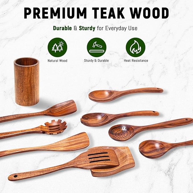 Wooden Spoons for Cooking, Natural Teak Wooden Utensils Set, 10 Piece Handmade Wood Kitchen Utensil Set with Holder and Spoon, Durable Nonstick Kitchen Cookware Tool