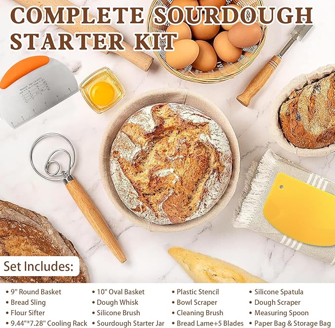 Complete Sourdough Baking Kit with Proofing Baskets, Starter Jar & Tools – All-in-One Bread Making Kit for Beginners & Artisan Sourdough Bread Baking Supplies with Bread Lame, Scrapers & Bags
