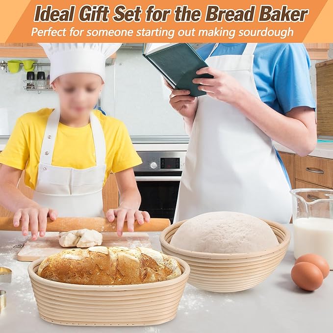 E-far Bread Proofing Basket, 9 Inch Round and 10 Inch Oval Sourdough Bread Baking Supplies, Complete Sourdough Starter Kit for Beginners