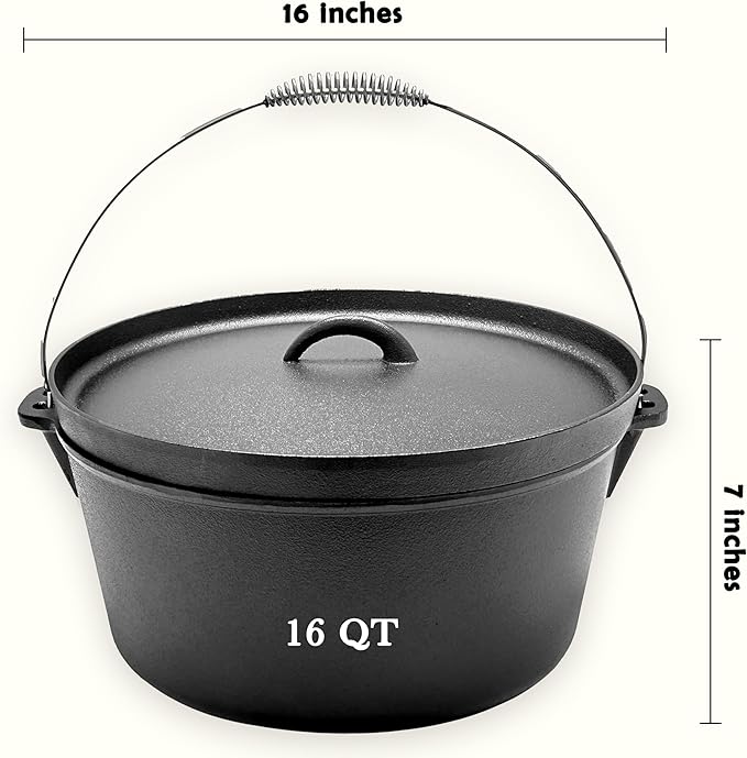 Cuisiland 16QT Cast Iron Dutch Oven with Lip Lid & Bail Handle – Extra Large Pre-Seasoned Campfire Pot for Outdoor Cooking, Roasting, Baking & Stews – Heavy-Duty Camping Cookware for Even Heat
