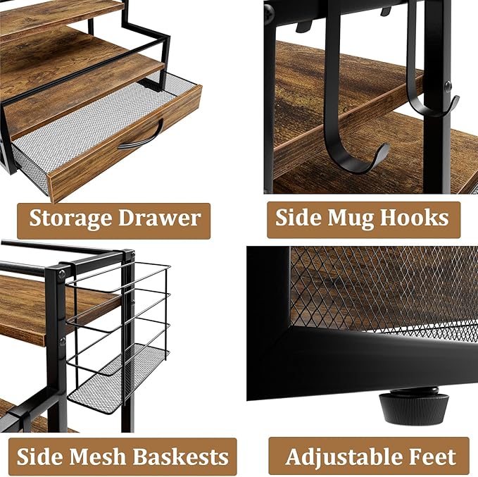 Countertop Coffee Syrup Rack Organizer, 4-Tier Wooden Holder Stand with 36 K Cup Storage Drawer for Coffee Bar Accessories,Condiment Storage Shelves for Kitchen,Home,Office,Restaurant