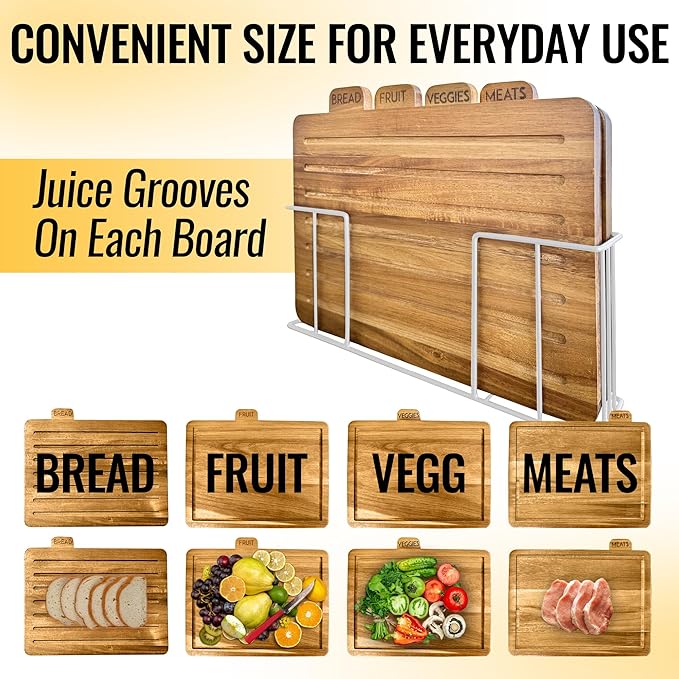 Acacia Cutting Boards for Kitchen with Holder 13" x 11" x 2.5" | Labeled Wood Cutting Board Sets | Large Wooden Cutting Board Set with Black Organized Stand (Acacia White Holder)