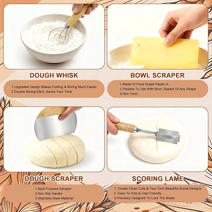 Sourdough Starter Kit,Sourdough Bread Baking Supplies, 9" Round and 10" Oval Banneton Bread Proofing Basket Set with Glass Sourdough Starter Jar, Sourdough Bread Making Tools Kit Gifts for Women Mom