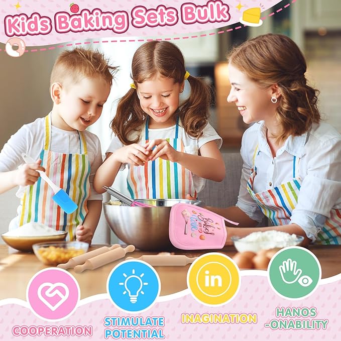24 Pcs Kids Mini Baking Supplies with Kitchen Utensil, Pot Holders, Spatula, Rolling Pin, Whisk for Kids Classroom School Exchange Party Favors (Small)