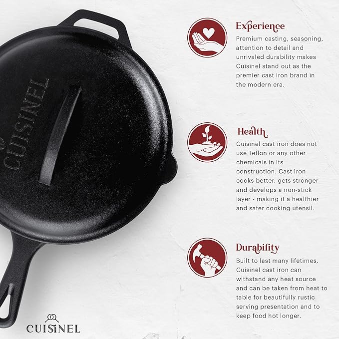 Cuisinel Cast Iron Skillets Set with Lids - 8"+10"+12"-inch Pre-Seasoned Covered Frying Pan Set + Silicone Handle and Lid Holders + Scraper/Cleaner - Indoor/Outdoor, Oven, Stovetop, Fire Safe Cookware