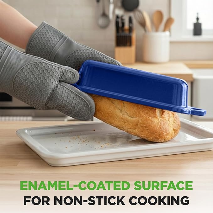 NutriChef 9x5" Enameled Cast Iron Loaf Pan with Lid, Enamel-Coated Baking Loaf Pan for Sourdough, Oven Safe, Nonstick Bread Pan with Silicon Gloves, Dishwasher Safe, Blue