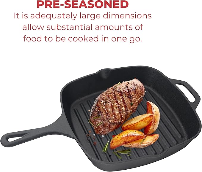 Jim Beam , Pre Seasoned Cast Iron Square Skillet with Ridges, 16", Black