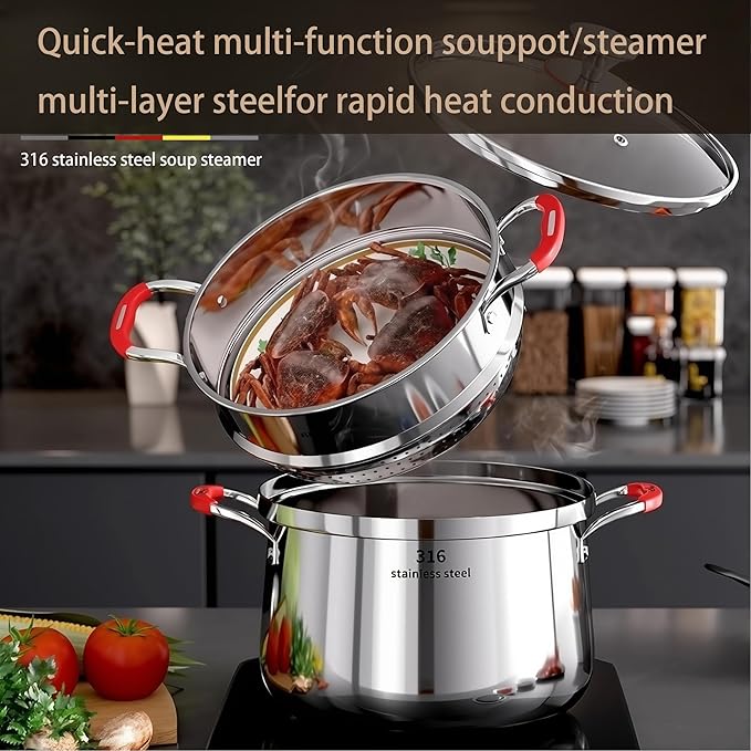 5 Qt Stainless Steel Stock Stew Pot with Steamer Insert and Glass Lid, 316 Thickened Clad for Fast Even Heating, Compatible with Gas Induction Ceramic Electric Halogen Stoves (2 Tier, 22cm)
