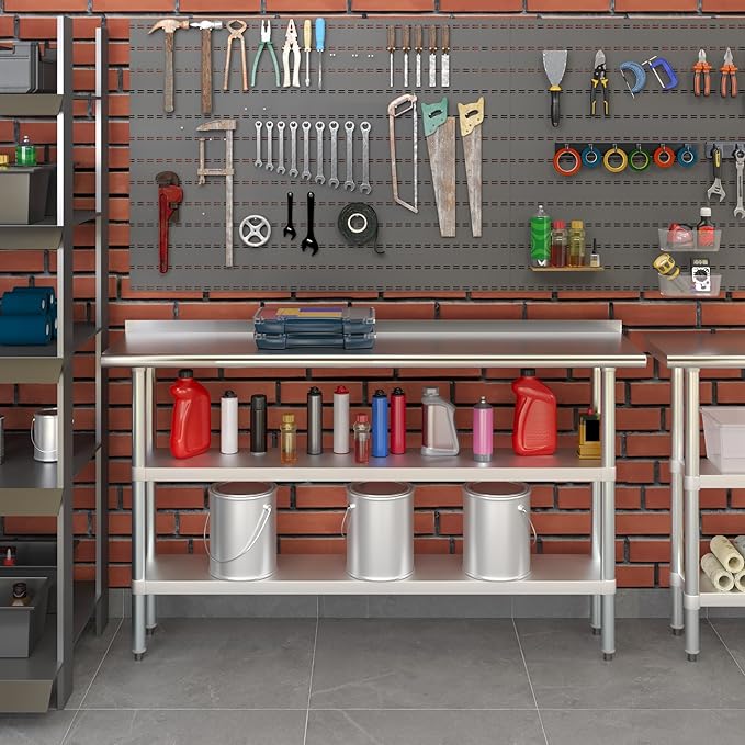 AmGood Stainless Steel Work Table with 1.5" Backsplash and 2 Shelves | Metal Kitchen Food Prep Table | NSF (60" Long x 14" Deep)