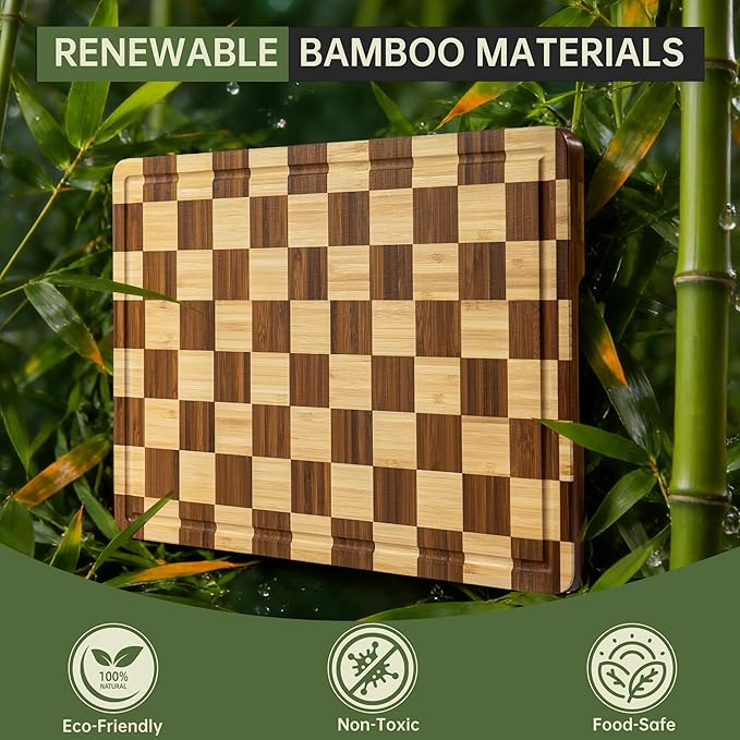 Decorative Checkered Thick Bamboo Cutting Board, End Grain Wood Chopping Board for Kitchen, Non-slip, Long-Lasting & Crack-Resistant, Serving Tray, Perfect Housewarming Gift 16.5”x11.6”x0.8”