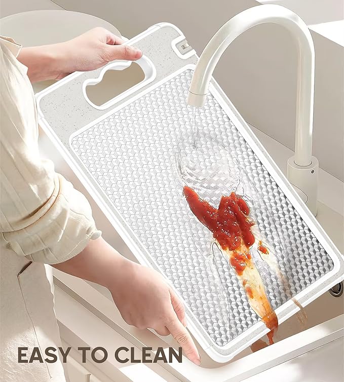 Double Sided 304 Stainless Steel & Wheat Straw Cutting Board, 14.4"*9.8" Non Toxic Lightweight Chopping Board, Separately Handle Meat and Vegetables, Dishwasher Safe, Scratch Resistant Mesh Design
