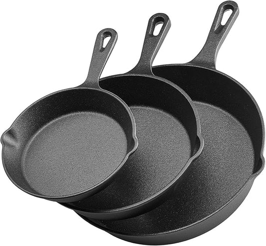 VEVOR Cast Iron Skillet, 3-Piece Frying Pan Set (6, 8, 10 in), Heavy-Duty Skillets with Heat-Resistant Handle, Pre-Seasoned Chef's Pan, Kitchen Cookware, for Oven, Gas, Electrical, Induction, Black