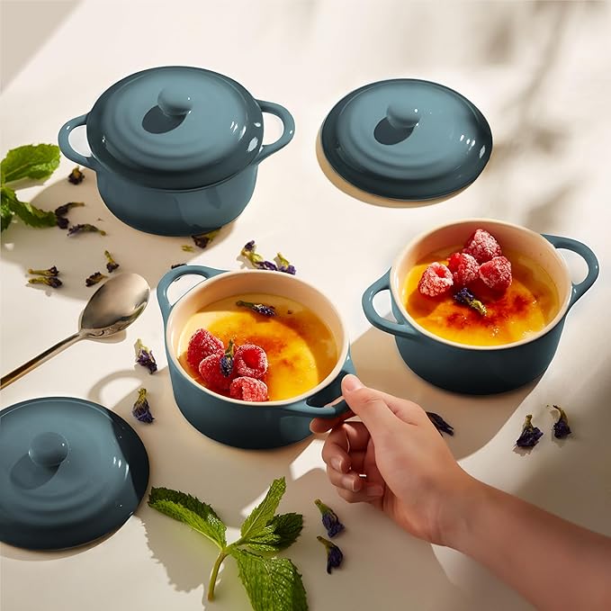 Kook Ceramic Mini Cocotte Set, Small Casserole Dishes with Lids and Handles, Individual Baking Ramekins, Oven safe 500F, Microwave & Dishwasher Safe, Stoneware, 12 oz, Set of 4, (Stone Ombre)
