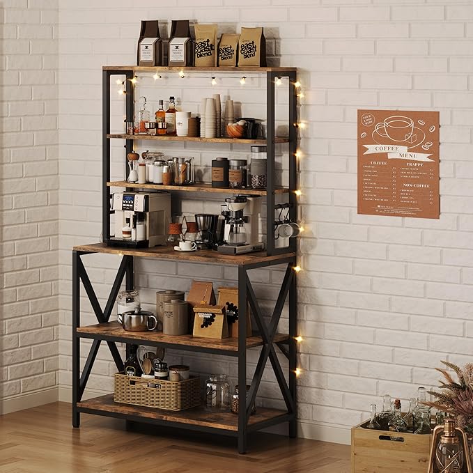 Yaheetech 6-Tier Kitchen Bakers Rack, 31.5 Inch Coffee Bar Table, Farmhouse Microwave Oven Stand Cabinet for Small Spaces, Corner Organizer Storage Shelf for Spices and Pots Rustic Brown