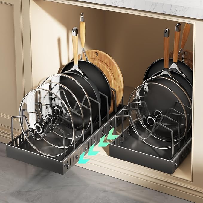 Pull Out Pots and Pans Organizer Under Cabinet, Sliding Lid Holder and Pan Rack in Kitchen, Slide Out Inside Cabinet Storage for Pot Lid, Bakeware, Dishes, 8 Adjustable Dividers, 2 Pack Black