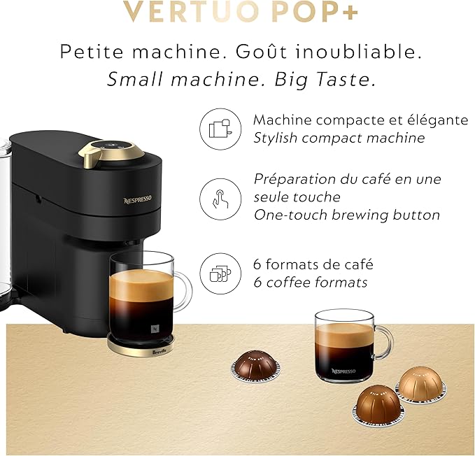 Nespresso Festive Vertuo Pop+ Coffee and Espresso Maker by Breville, Matte Black Gold, 37.2 Fl Oz capacity