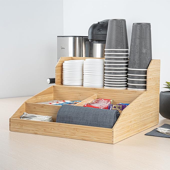 Restaurantware-15 x 14.25 x 9.25 Inch Coffee Condiment Organizer, 1 Countertop Tea Station Organizer - 3 Shelf, Heavy-Duty, Bamboo Coffee Bar Holder, For Breakrooms, Offices, or Homes,