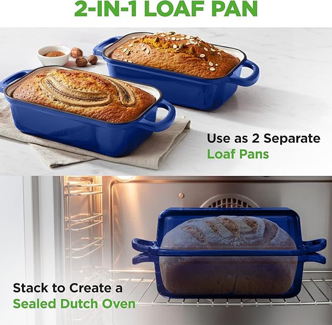 NutriChef 9x5" Enameled Cast Iron Loaf Pan with Lid, Enamel-Coated Baking Loaf Pan for Sourdough, Oven Safe, Nonstick Bread Pan with Silicon Gloves, Dishwasher Safe, Blue