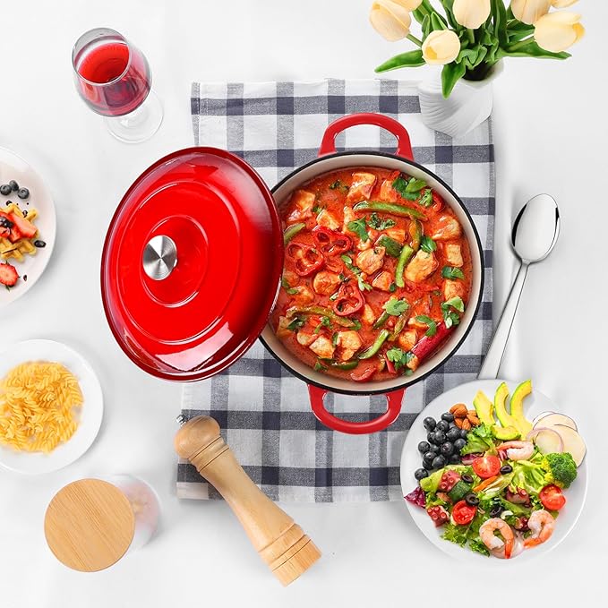 P&P CHEF 6QT Enameled Dutch Oven, Cast Iron Dutch Oven Pot with Lid for Bread Baking, Enameled Casserole Pot for Roasting Braising Stewing Frying Simmering, Various Stoves & Easy Clean, Red