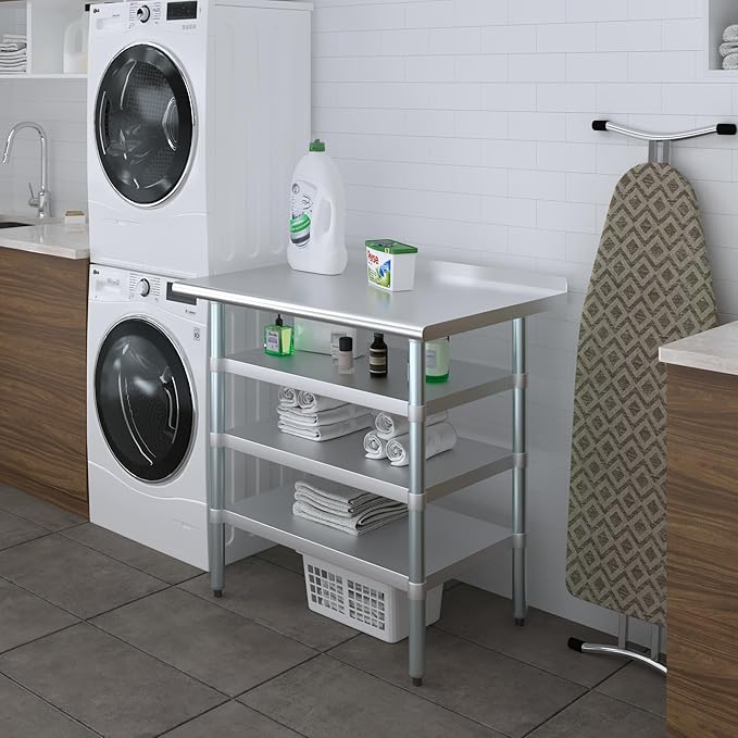 AmGood Stainless Steel Work Table with 1.5" Backsplash and 3 Shelves | Metal Kitchen Food Prep Table | NSF (36" Long x 24" Deep)