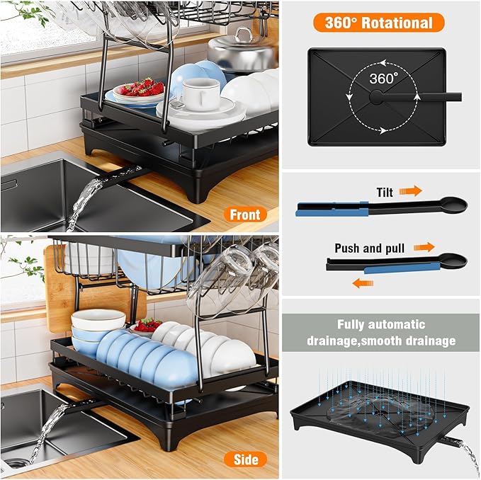 Rustproof Stainless Steel Dish Drying Rack,2 Tier Large Dish Rack for Kitchen Counter,Dish Rack with Drainboard,Dish Drainer with Utensil Holder & Cup Holder,Black