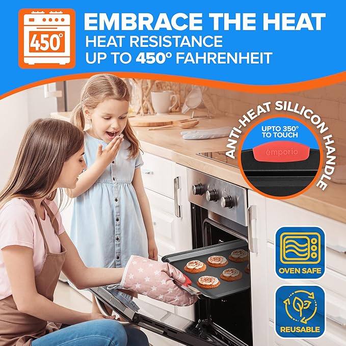 Baking Pan Set - Nonstick Coating, Carbon Steel Bakeware Set with Red Silicone Handles, PFOA, PFOS, PTFE Free, Recipe Booklet Included, Oven Safe Tray (Up To 450° F), Set of 8 - Black