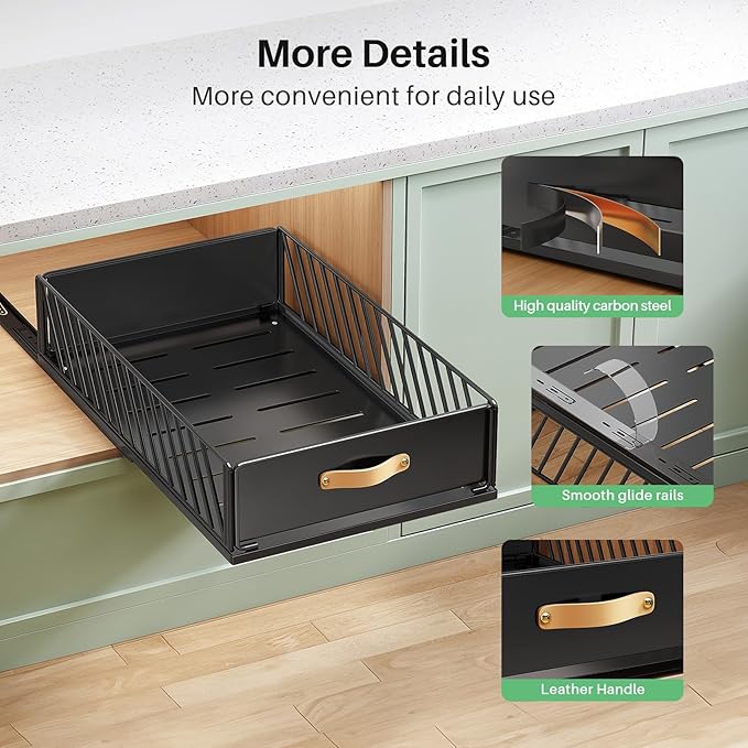 Pull out Cabinet Organizer Fixed with Adhesive Nano Film,Heavy Duty Slide out Pantry Shelves Drawer Storage,Sliding Mesh Cabinet Basket with Handle for Kitchen, Bathroom,Home, 15.8"W X 21"D X6.2"H