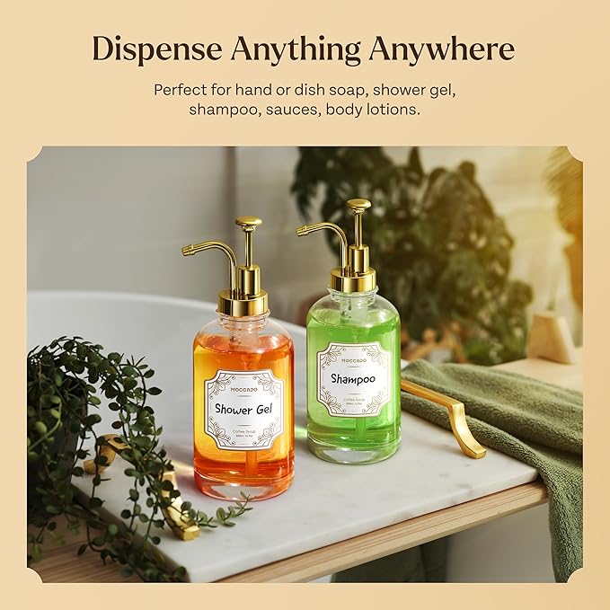 Glass Coffee Syrup Dispenser for Coffee Bar - Set of 2 Gold 500 ml / 16.9 oz Glass Syrup Bottles, Includes Bamboo Tray, 16 Stencils, Labels, Coffee Bar Accessories