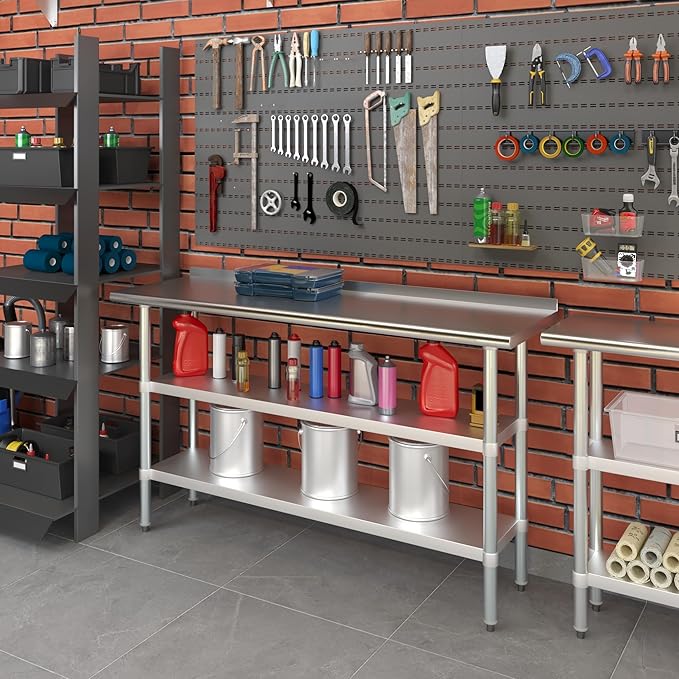 AmGood Stainless Steel Work Table with 1.5" Backsplash and 2 Shelves | Metal Kitchen Food Prep Table | NSF (60" Long x 18" Deep)