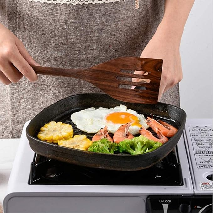 6 PCS Wooden Kitchen Utensils Set, Black Walnut Wood Long Handle Spoons and Spatula Set for Cooking, Heat Resistant Non-Stick Cookware