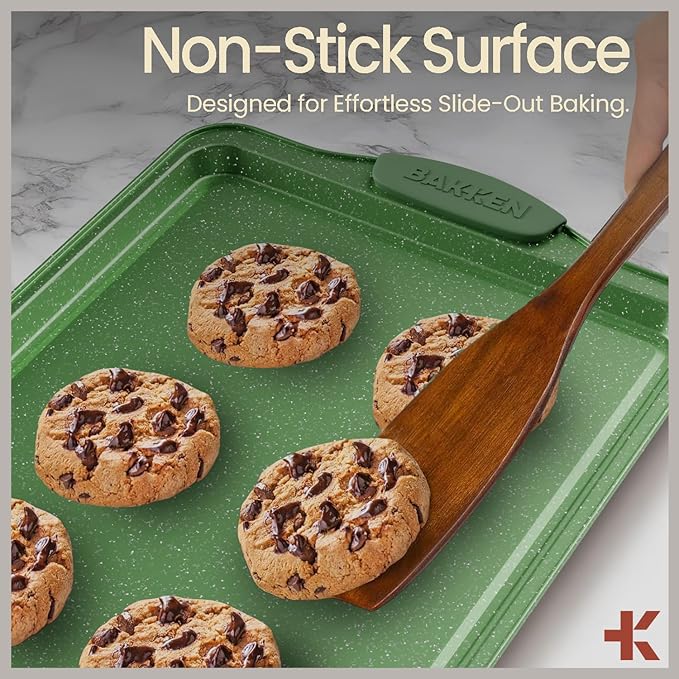BAKKEN Kitchen Baking Pan Set - Nonstick Green Marble Coating, Carbon Steel Bakeware Sets with Green Silicone Handles, Kitchen Essentials, PFOA, PFOS, PTFE Free, Oven Safe (Up To 450° F), Set of 8