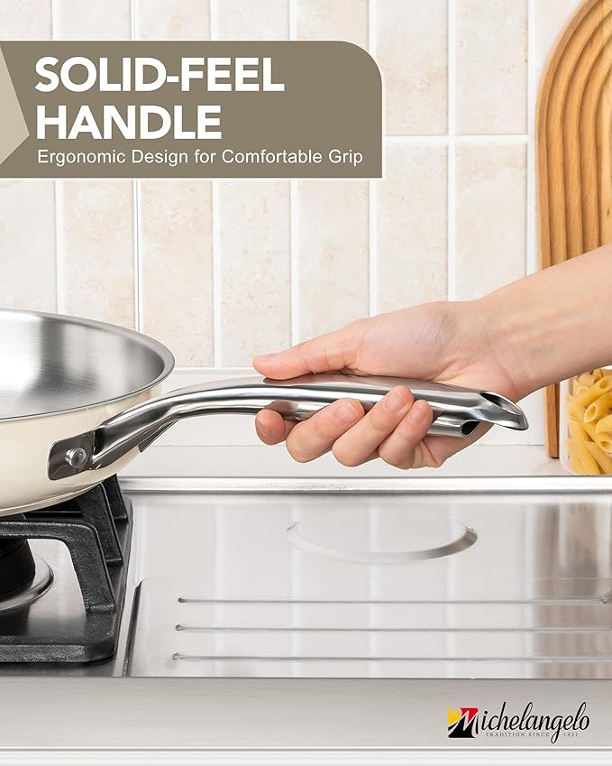 MICHELANGELO Stainless Steel Frying Pan Set, 8" 9.5" 11" Induction Pan, Triply Base Cooking Pans with Ergonomic Handle, for All Stove - Beige