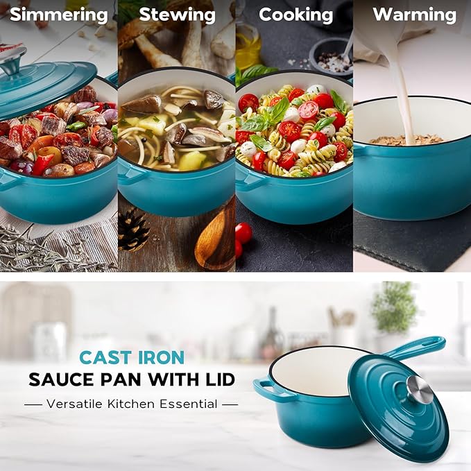 Onader 1QT & 2QT Saucepan Set with Lid, Enameled Cast Iron Sauce Pan Pot, Small Dutch Oven Cooking Kitchen Pot, Nonstick & Heavy Duty, Induction Compatible – Dark Cyan
