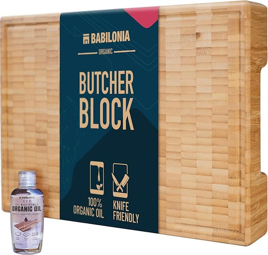 Bamboo Cutting Board, 19.7 x 12.2 Inch (ExtraThick 1.7") Premium Quality & Professional Butcher Block. Heavy Duty End Grain Wood Chopping Board (Oil & Plate Included)