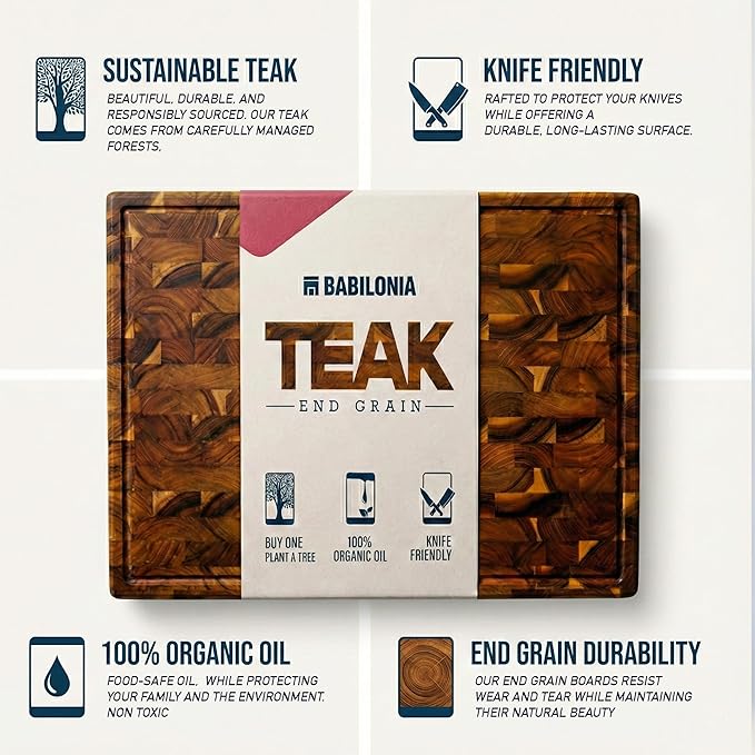 Teak Cutting Board - 15.7 x 10.2 Inch (ExtraThick 1.7") Premium Quality Butcher Block for Meat, Cheese, Charcuterie Board. Heavy Duty End Grain Wood Chopping Board with Handle (Oil & Plate Included)