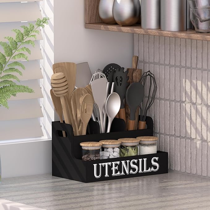 Suli Kitchen Utensils Holder, White Wooden Utensil Organizer for Kitchen Countertop, Farmhouse Utensil Storage, Rustic Cooking Utensils ,4 Compartments,- Black